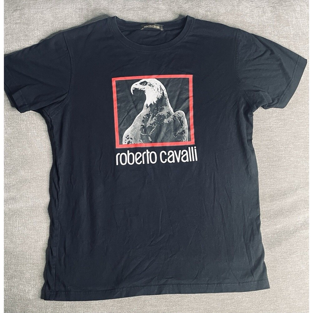 Roberto Cavalli T Shirt Unisex Size XL Black Graphic Eagle Print Crew Neck Tee